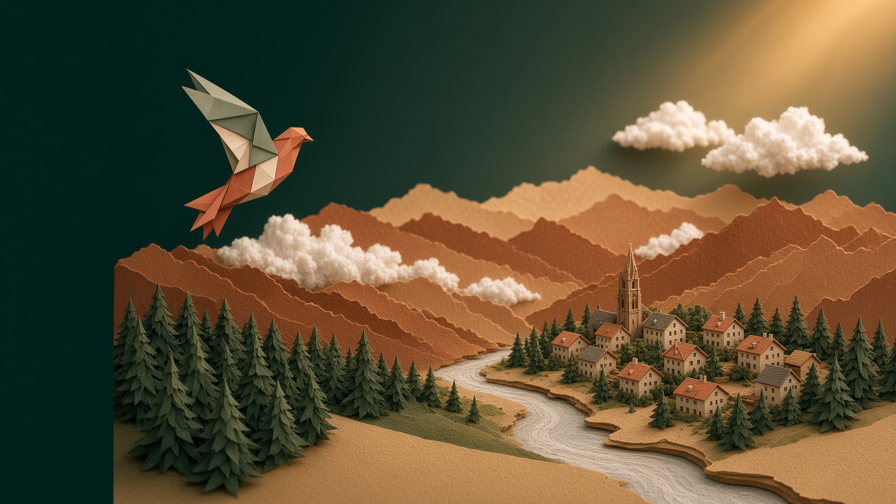 Papierlandschaft bei Tag: Tannen und ein Städtchen am Fluss vor Bergen, darüber eine Origami-Taube im Flug (Illustration, Kapitel 01: Der Flug)